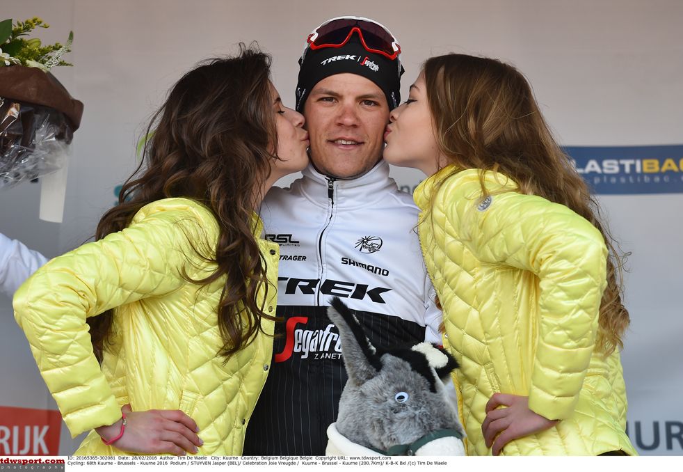 Jasper Stuyven (Trek-Segafredo) on the podium after this win