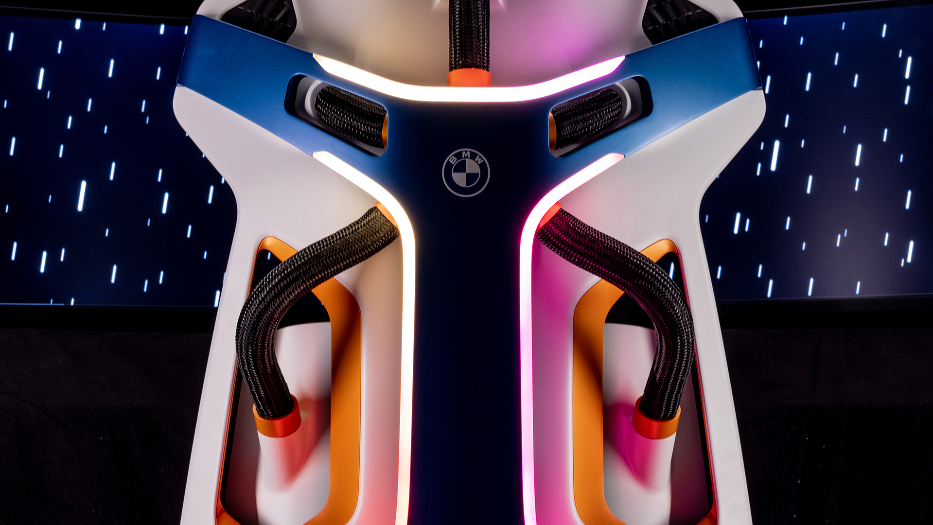 BMW Rivalworks The Rival Rig gaming chair concept from various angles on black background