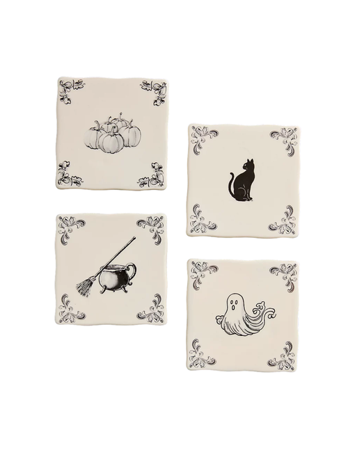 Halloween Delft Stoneware Coasters, Set of 4