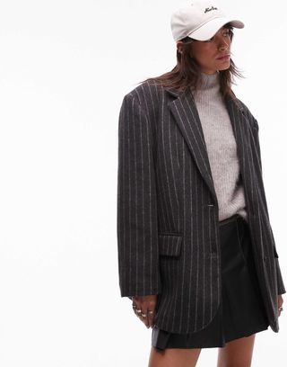 Topshop Brushed Wool Look Pinstripe Blazer Coat in Charcoal