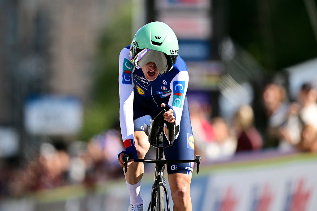 Paul Seixas of Team France crosses the finish line at the Men Elite Individual Time Trial in Montreal at Road Worlds