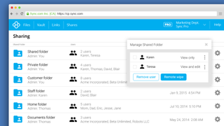 Sync.com's file and folder sharing settings demonstrated