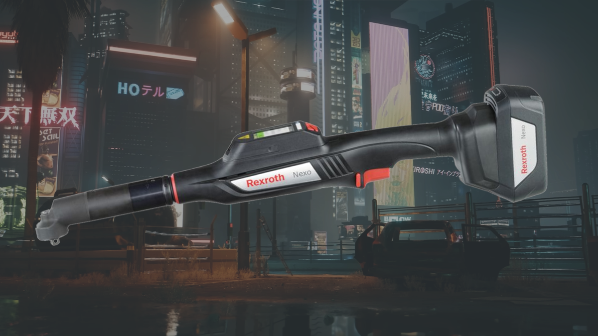 A cyberpunk landscape from Cyberpunk 2077 under an image of a smart nutrunner wrench built by Bosch.