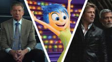 Three movie posters in a collage, with Mr. McMahon in the left, Inside Out 2 in the centre and Brad Pitt and George Glooney in the right 