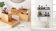 Bathroom organizers in bathrooms, wooden set on countertop and bathroom shelves on wall by bath