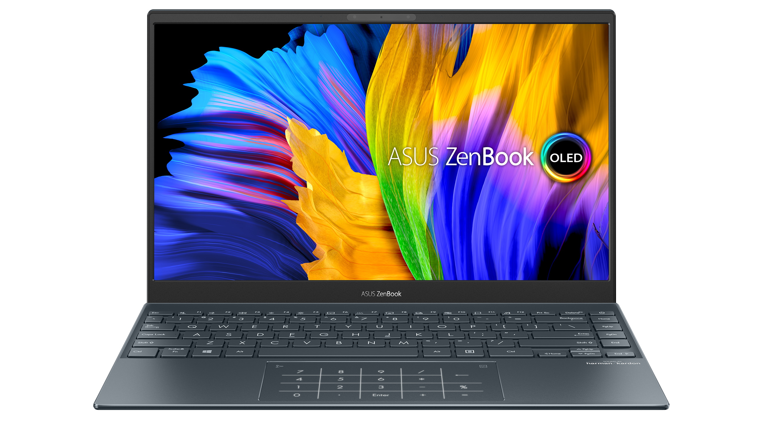 Asus ZenBook 13 (2021) laptop with screen open on white background