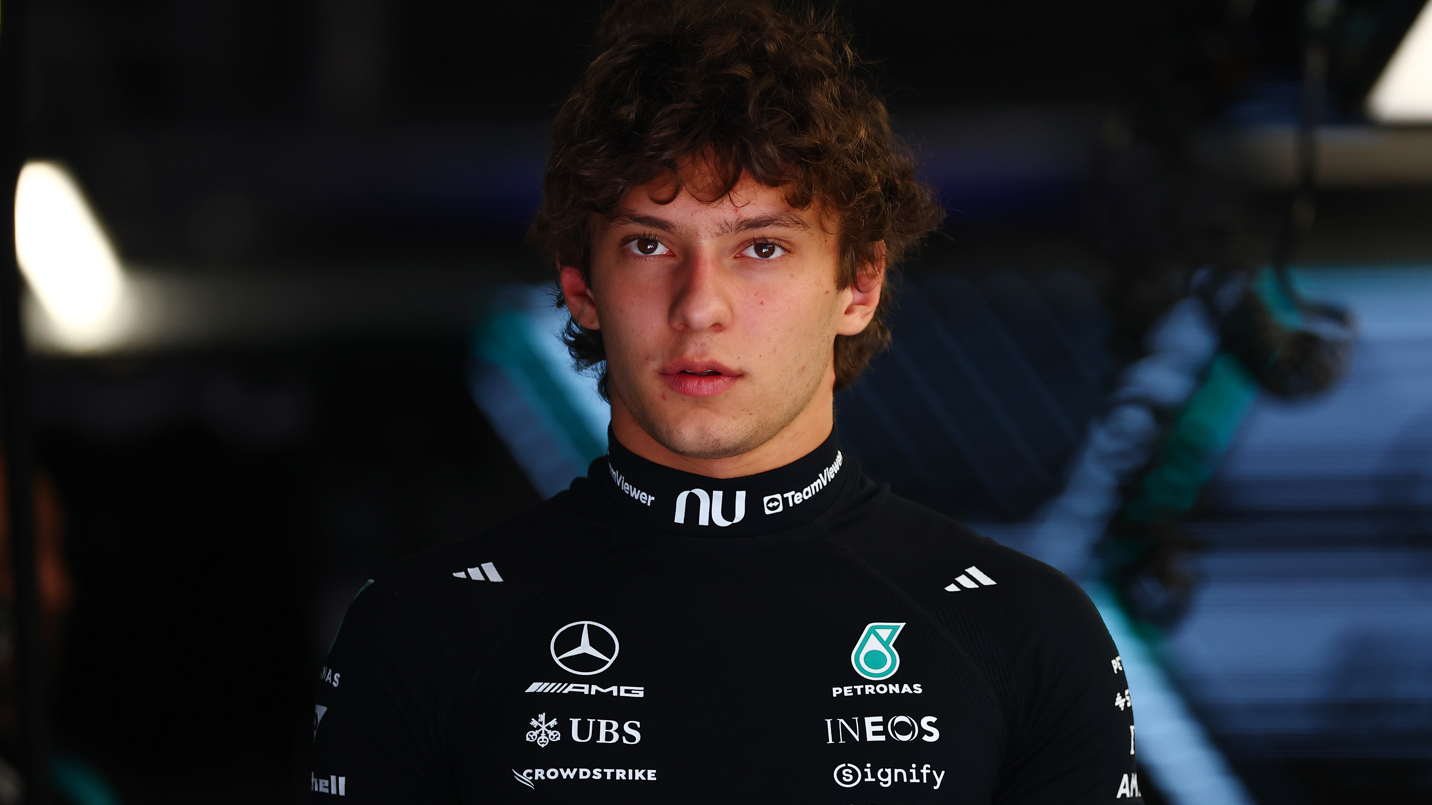 Andrea Kimi Antonelli of Italy and Mercedes AMG Petronas F1 Team looks on in the garage during final practice ahead of the F1 Grand Prix of Hungary