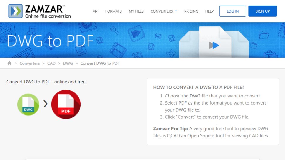 Website screenshot for Zamzar DWG to PDF