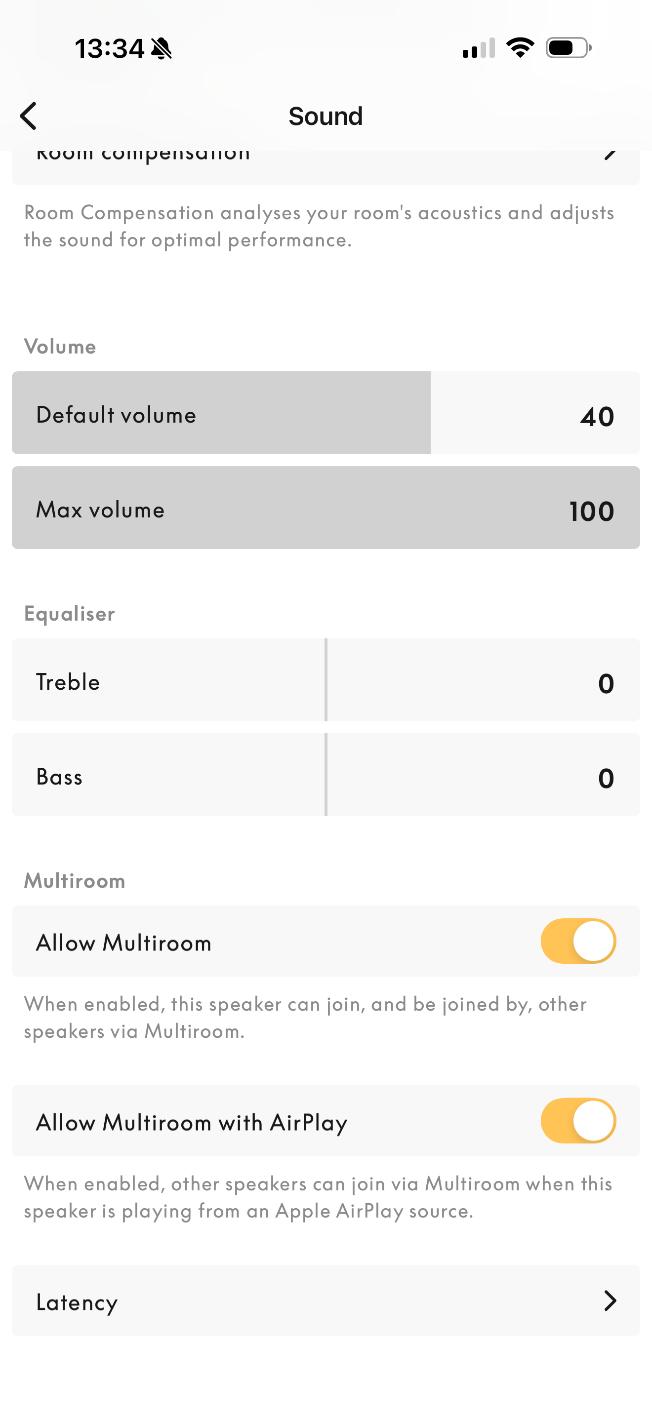 Screenshot of a sound settings menu showing volume levels, equaliser controls for treble and bass and multiroom options toggled on