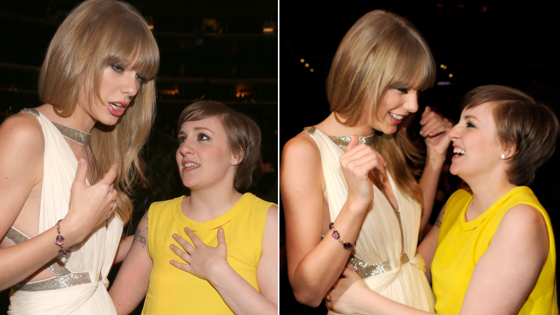 Taylor Swift wears a white Grecian cut-out dress and Lena Dunham wears a bright yellow gown
