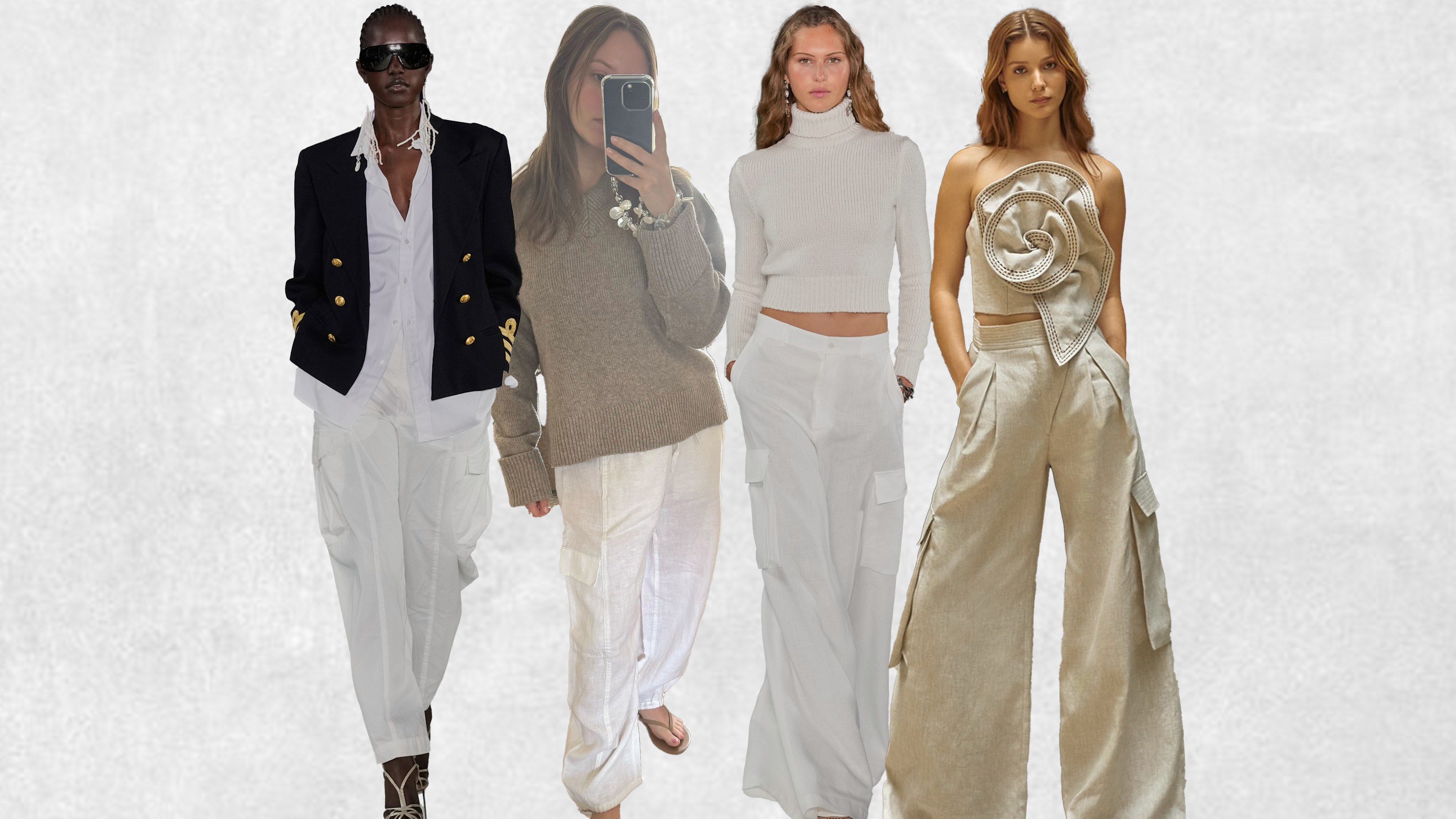 A collage of women wearing cargo linen pants.