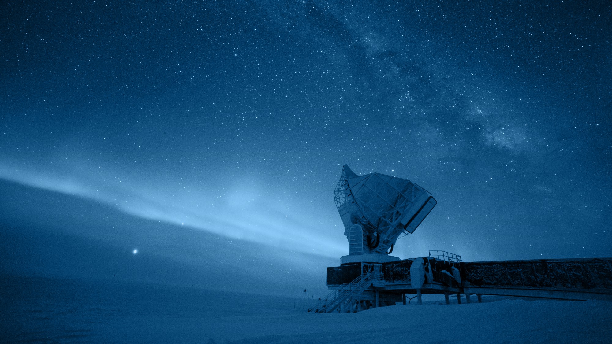 The South Pole Telescope at National Science Foundation's Amundsen–Scott South Pole Station in Antarctica, which is part of the Event Horizon Telescope array.