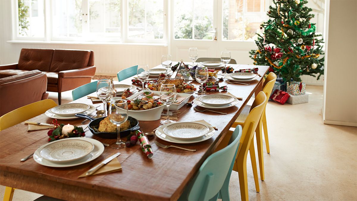 Image of long table set for Christmas dinner