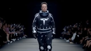 Elon Musk walking an AI fashion show