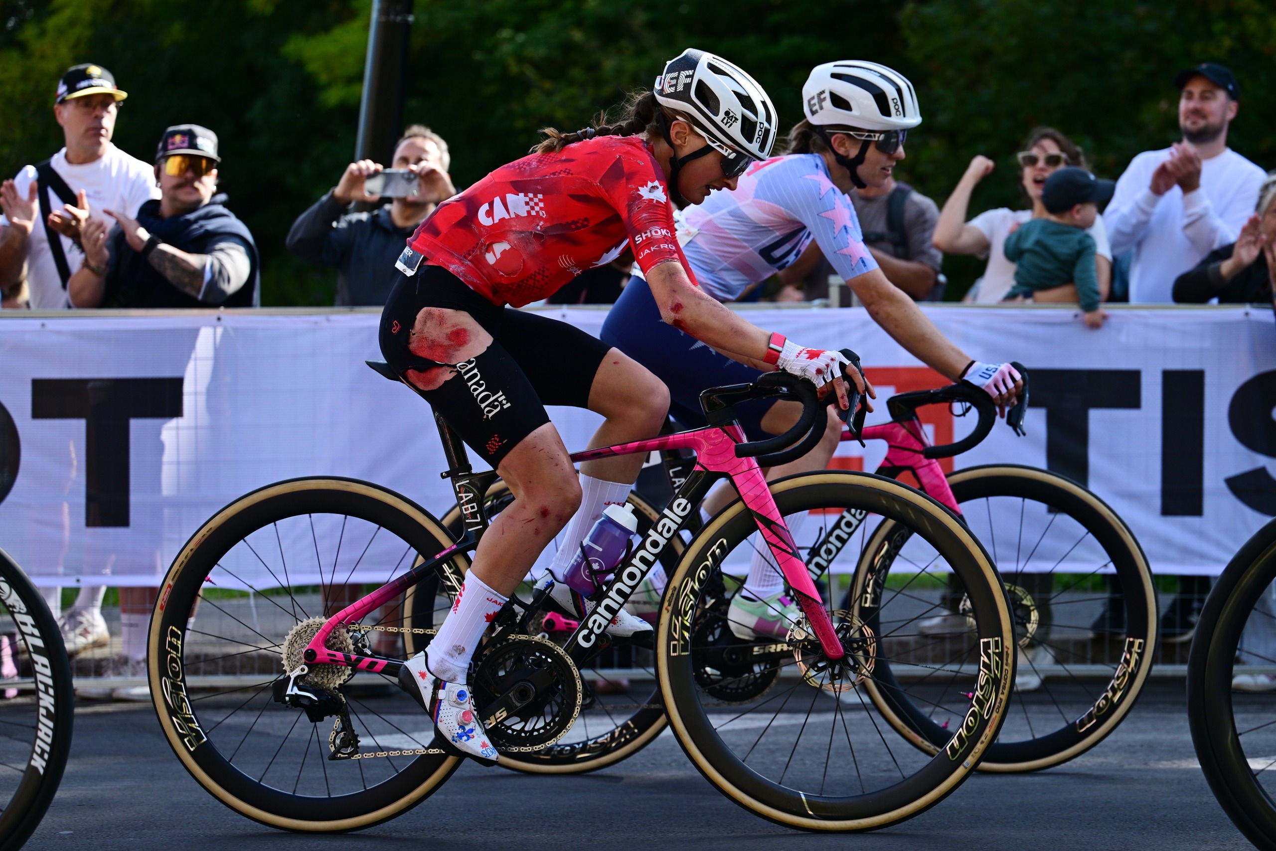 MONTREAL, QUEBEC - SEPTEMBER 26: Magdeleine Vallieres of Canada and Team Canada injured after crash during the 99th UCI Road World Championships Montreal 2026 - Women Elite Road Race a 180.1km one day race from Brossard to Montreal on September 26, 2026 in Montreal, Quebec. (Photo by Tim de Waele/Getty Images)