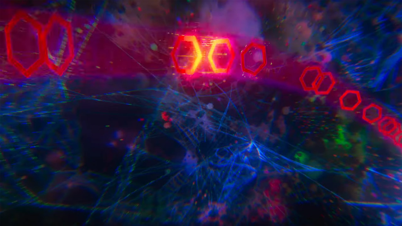 A screenshot of the hexagonal time travel portals in Spider-Man: Across the Spider-Verse