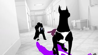 A man wearing a suit kneels on the ground as a dog wearing a harness rushes toward the screen. Both characters are rendered in stylish silhouette.