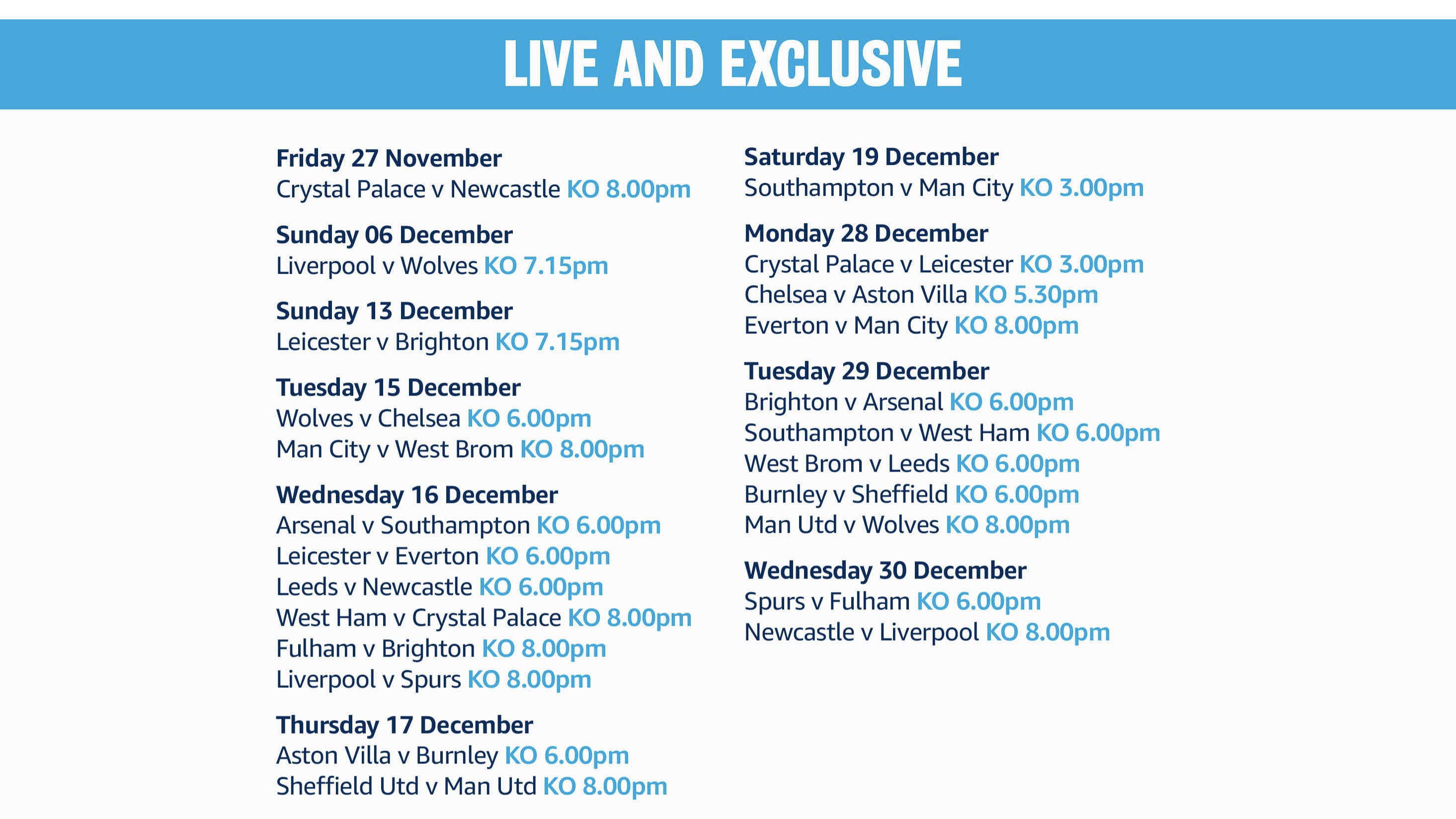 Amazon Premier League live fixtures