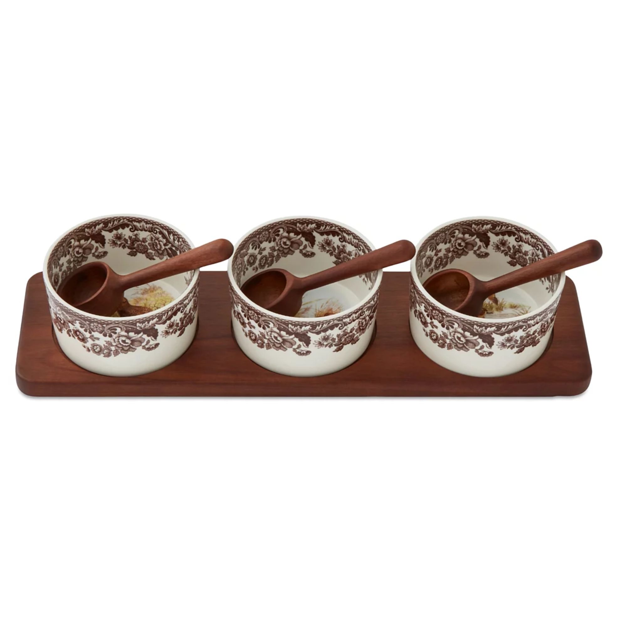 Set of 3 mini porcelain bowls with wooden spoons and wooden tray