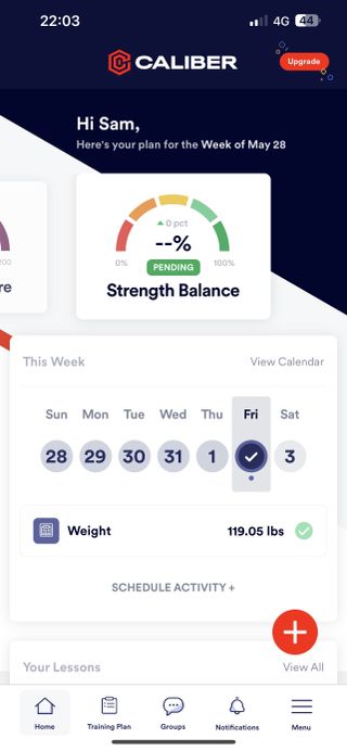 Image of the dashboard on the Caliber workout app