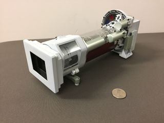 A 3D printed model of Mastcam-Z, one of the science cameras on the Mars 2020 rover. Mastcam-Z will include a 3:1 zoom lens.
