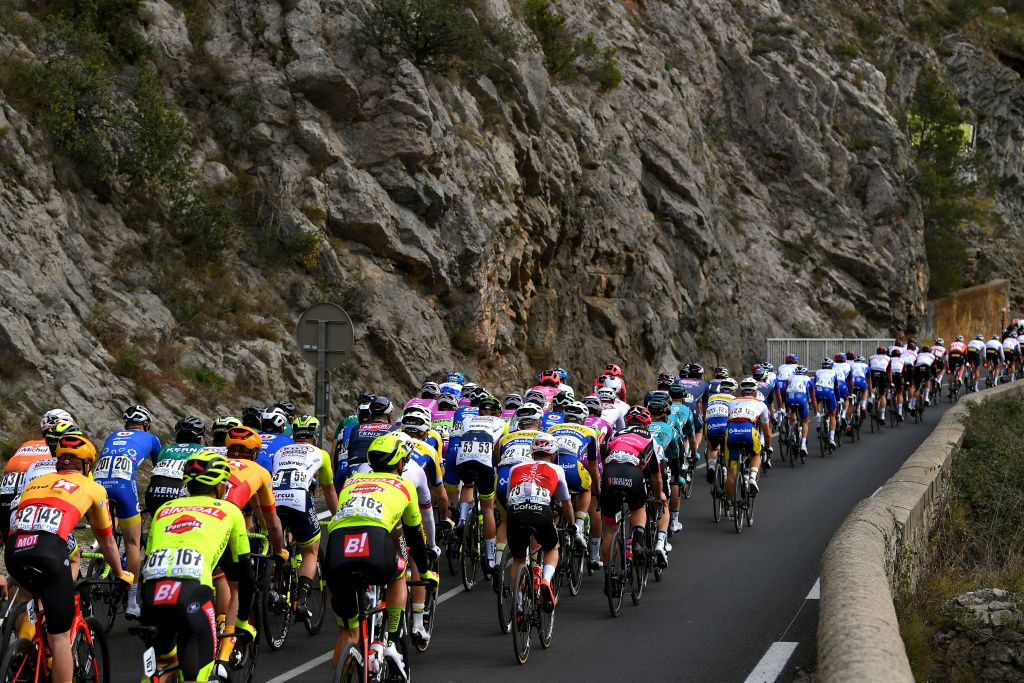 ROUSSON FRANCE FEBRUARY 03 A general view of the peloton competing during the 52nd toile De Bessges Tour Du Gard 2022 Stage 2 a 156km stage from SaintChristollesAls to Rousson 304m EtoiledeBesseges EDB2022 on February 03 2022 in Rousson France Photo by Luc ClaessenGetty Images