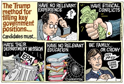 Political cartoon U.S. Trump White House corruption drain the swamp