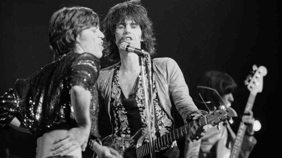 The Rolling Stones’ Mick Jagger and Keith Richards singing onstage in 1972