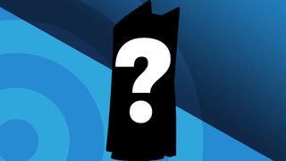 A white question mark on top of a black PS5 console silhouette with a blue background