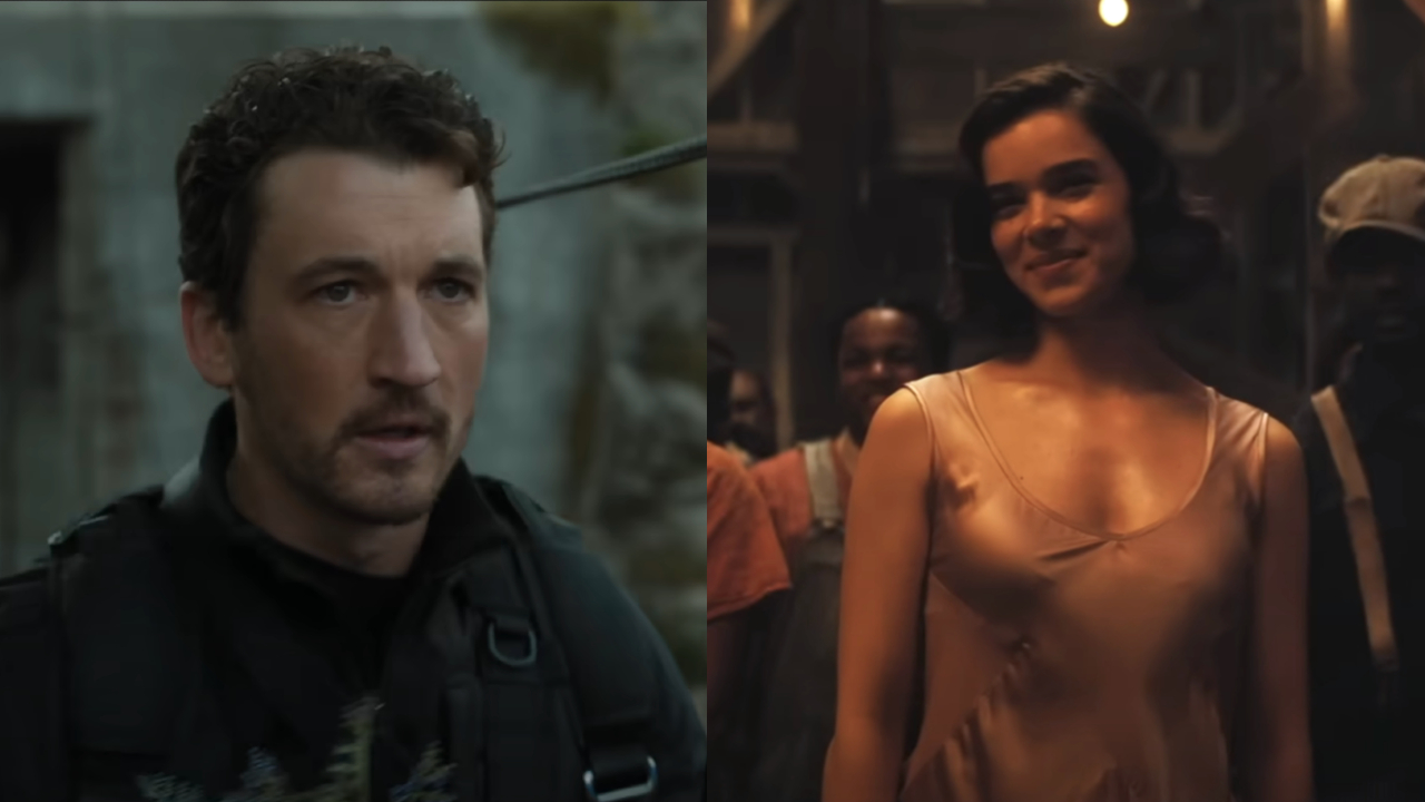 Miles Teller about to zip line in The Gorge, next to Hailee Steinfeld smiling on the dance floor in Sinners.