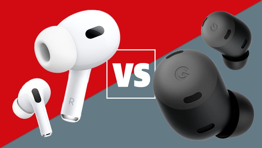 The Google Pixel Buds Pro and Apple AirPods Pro 2 with a versus symbol between them on a red and grey background.