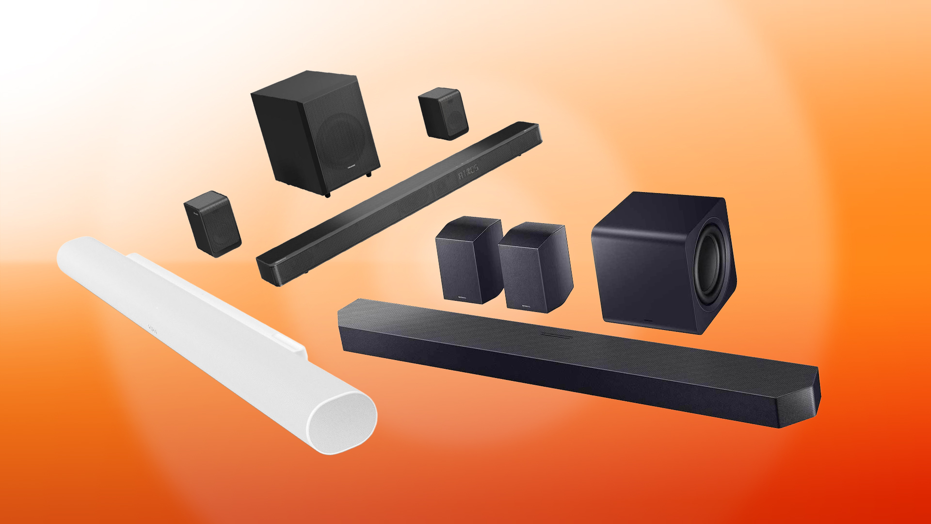 An image showing the Sonos Arc Ultra, Hisense AX5125H and Samsung HW-Q990F