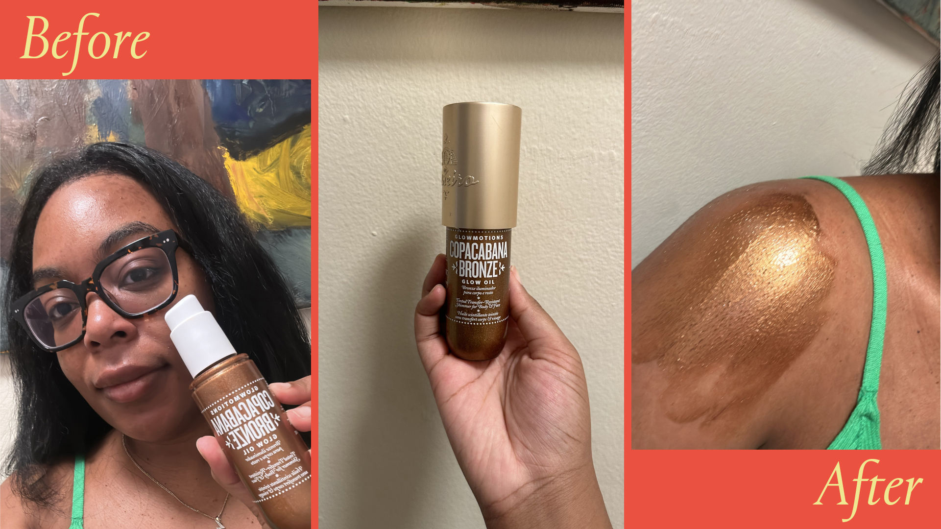 Ariel Baker testing the Sol de Janeiro Glowmotions Glow Oil.