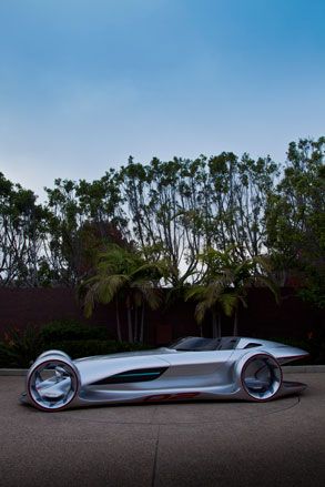 A two-seat, Mercedes Silver Arrow. Futuristic-looking car, with hub-less wheels.