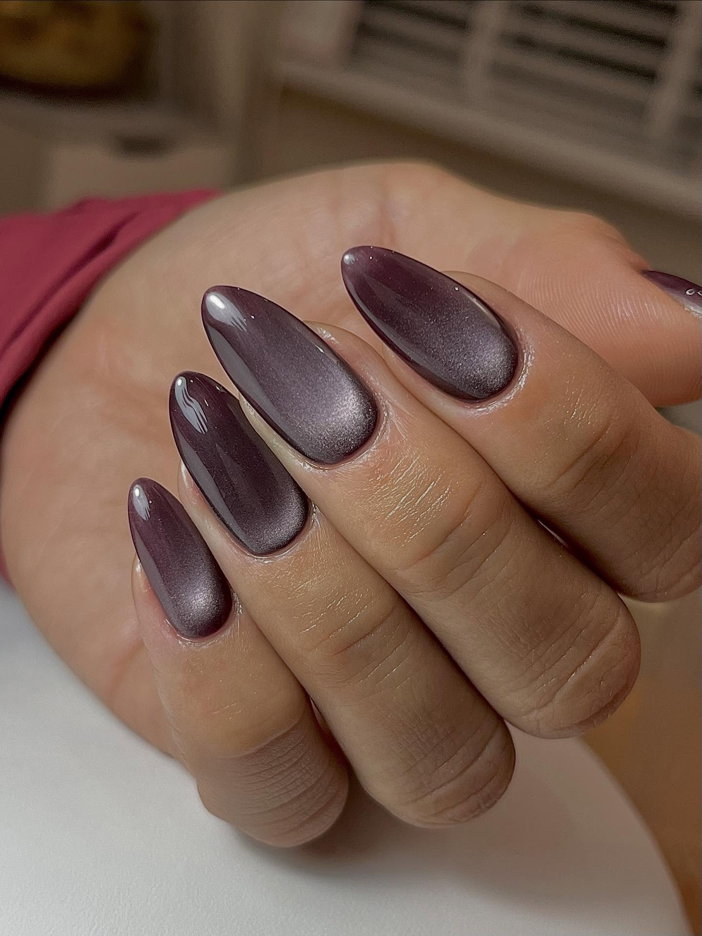 a close-up shot of dark purple velvet nails