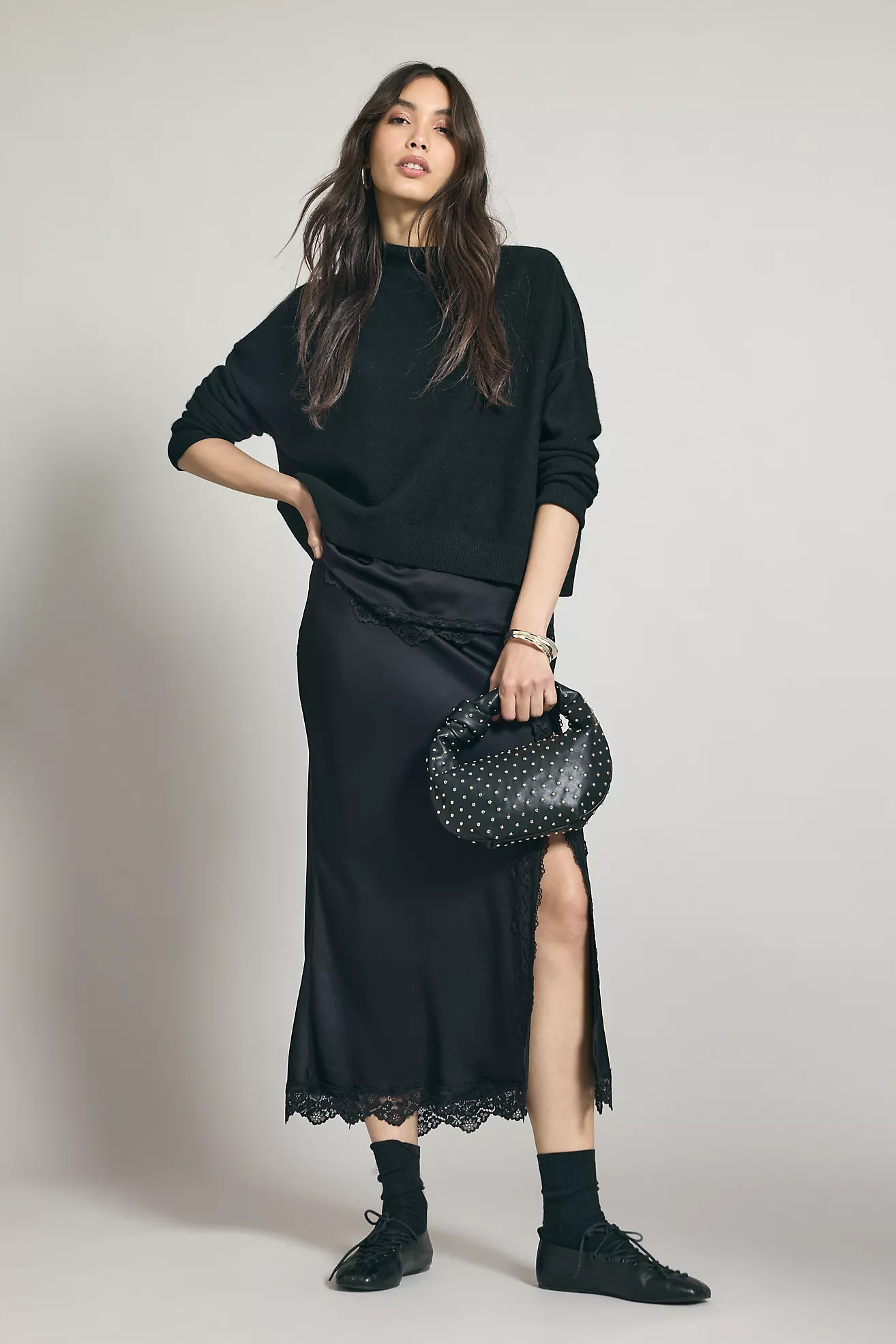 By Anthropologie Lace-Trim Bias-Cut Satin Midi Skirt