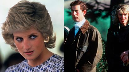 Princess Diana wearing a white printed dress and looking skeptical next to a photo of King Charles and Queen Camilla wearing country jackets outside in 1979