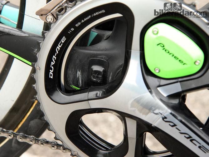 Magnets for the Pioneer power meter are neatly taped to the chain stays