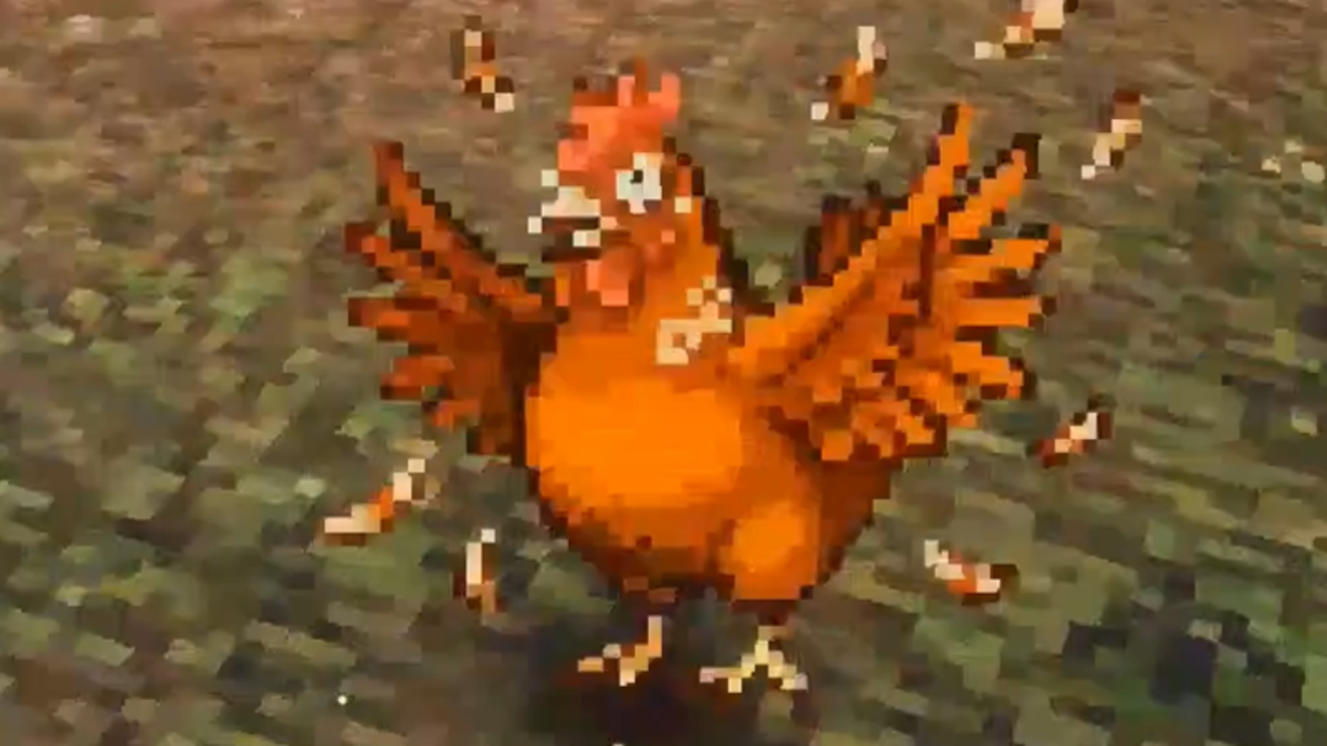 A pixelated brown chicken appears frightened as it puffs its feathers with a shocked expression