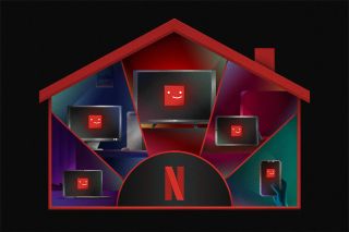 An image of a home with five devices showing the Netflix logo on them