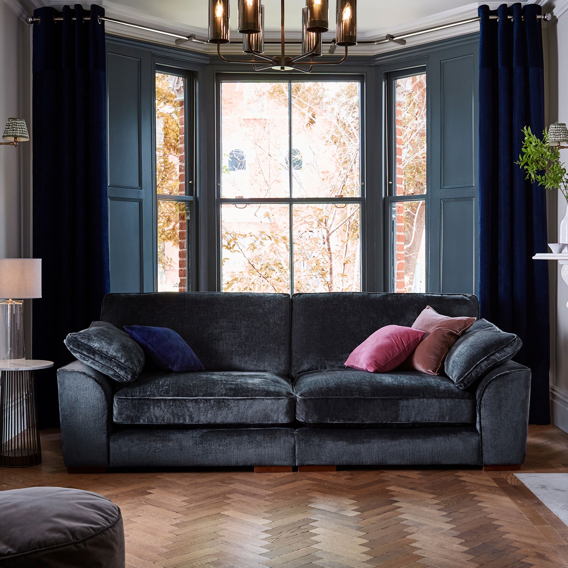 Chenile navy sofa in navy room