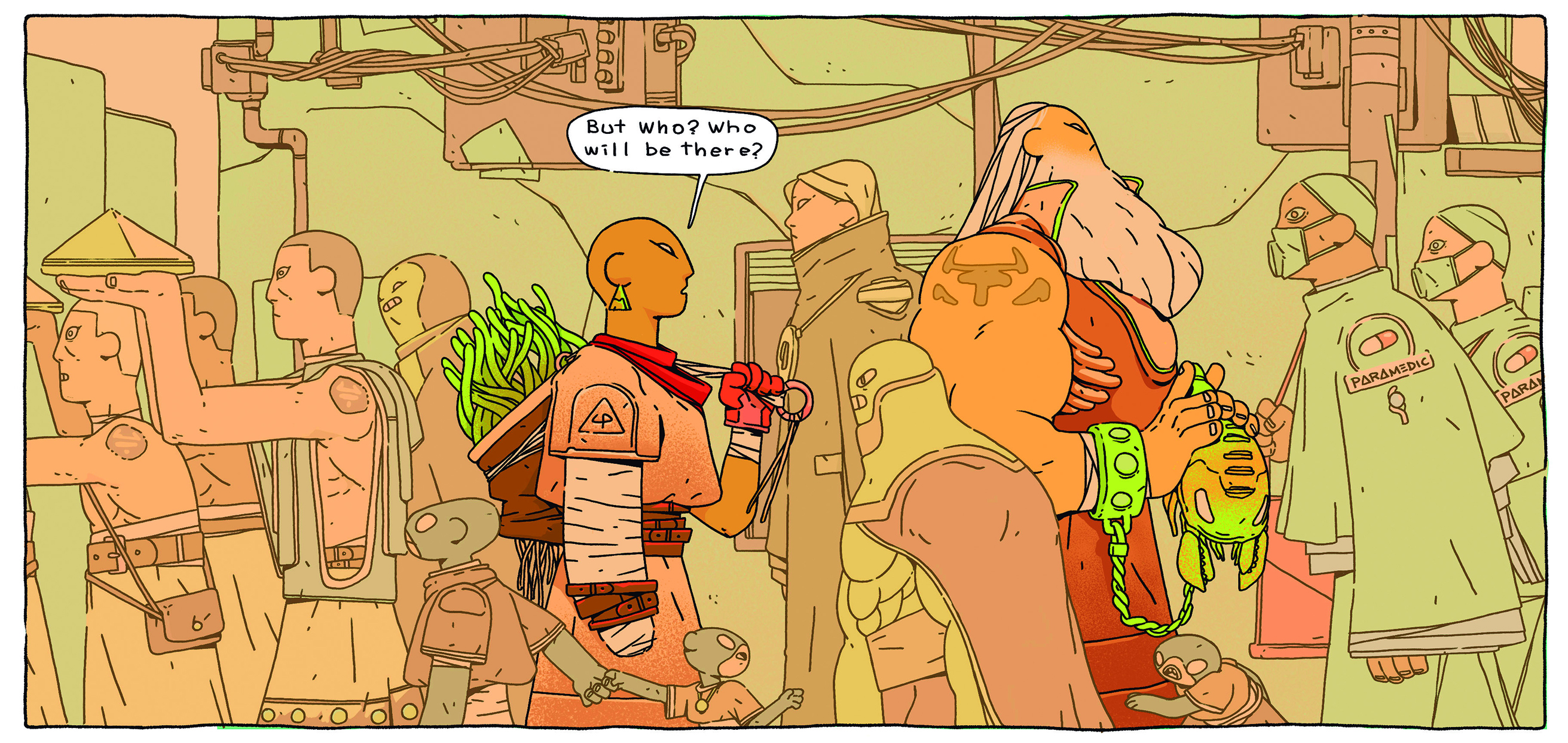2D art; comic panel showing two characters walking against a crowd