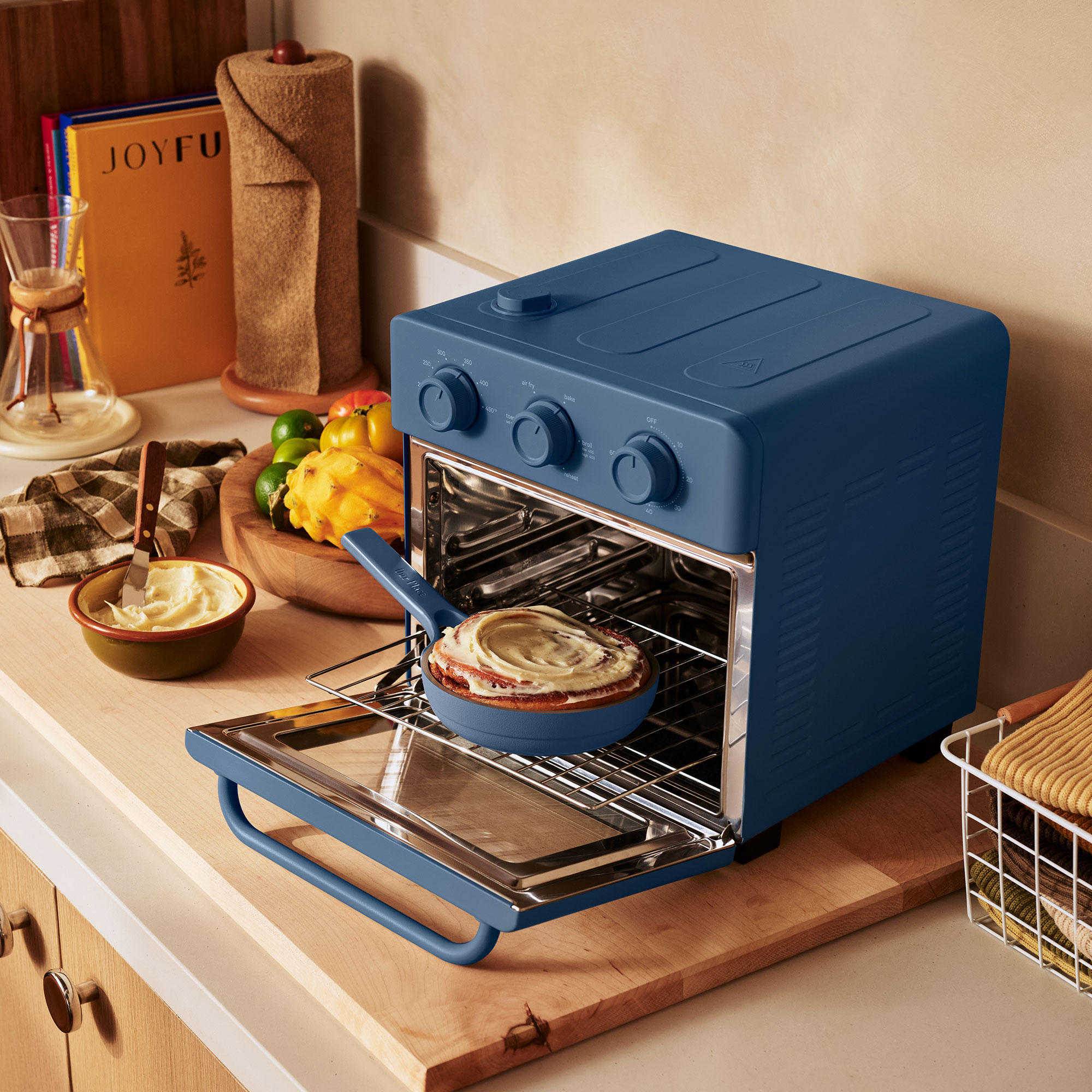 Small blue frying pan in blue Our Place Wonder Oven