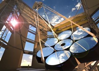 An artist's illustration of the completed Giant Magellan Telescope atop Las Campanas Peak in Chile's Atacama Desert. The 82-foot (24.5-meter) telescope will consist of six smaller, circular mirrors and feature an advanced adaptive optics system. It will be one of the largest on Earth when it is completed in 2018.