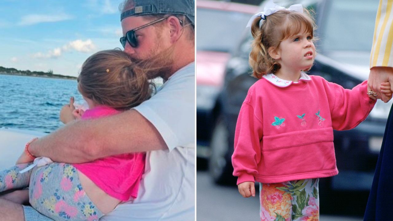 Princess Eugenie holds hands with mom Sarah Ferguson in June 1994, while wearing floral leggings and a pink sweatshirt, showing she&#039;s a royal style inspiration for Princess Lilibet