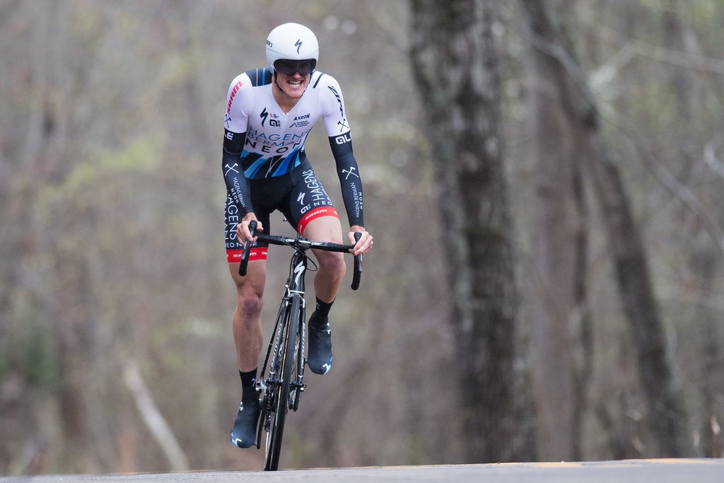 An Axeon Hagens Berman rider gets out of the saddle