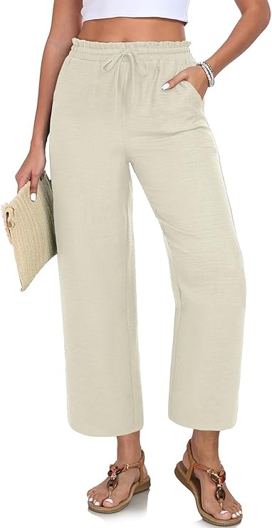 EDUWU, Eduwu Women Casual Pants Loose High Waist Wide Leg Cropped Palazzo Beach Pants Summer Outfits 2025 Trendy Beige, M