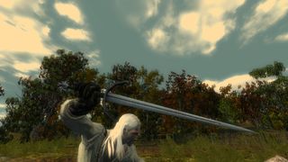 Best Witcher 1 mods - Geralt brandishes a retextured sword from the Complete sword overhaul mod