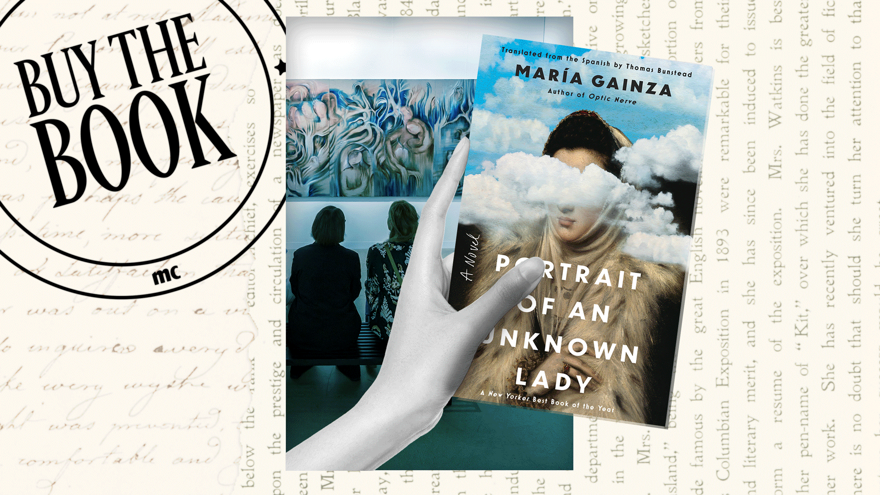 a gif of book covers of thriller novels about art over a photo of two people looking at a painting at a gallery and the marie claire buy the book franchise treatment on top