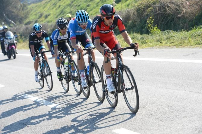 The break of the day in stage 6 was comprised of (L-R) Peter Kennaugh (Sky), Cesare Benedetti (NetApp-Endura), Jack Bauer (Garmin-Sharp) and Steve Morabito (BMC)